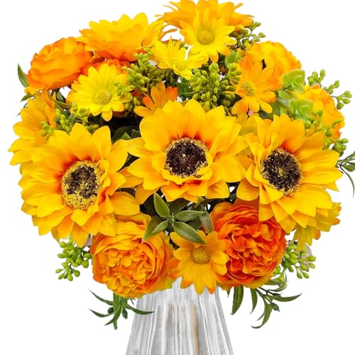 Artificial Flowers for Decoration, 3Pcs Fake Sunflower with Peonies Artificial Flowers Bouquet Silk Flowers for Home Wedding Party Table Centerpieces Vase Decor Indoor Floral Displays (Yellow) - color: Yellow