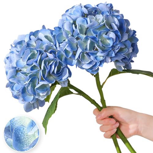 Nubry 2Pcs Blue Hydrangea Artificial Flowers, 22.5In Latex Faux Real Touch Large Hydrangea Flowers with Long Stems & Leaves for Home Office Decor Wedding Party Arrangements(Blue) - color: Blue, size: 2 Pcs