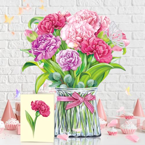 Airpark Pop Up Flower Cards, 3D Paper Flowers Bouquet Birthday Card 10’‘ with Blank Note and Envelope, Mother's Day, Get Well Greeting, Anniversary, Thank You Gifts Cards for Women Mom Girls Friends, Pink Carnations - style: Pink Carnations