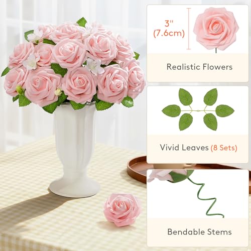 Lifewit Artificial Flowers, 50 Pcs Blush Foam Real Looking Roses with Stems, Fake Roses for DIY Wedding Bouquets, Centerpieces Arrangements, Valentine Decorations - color: Blush