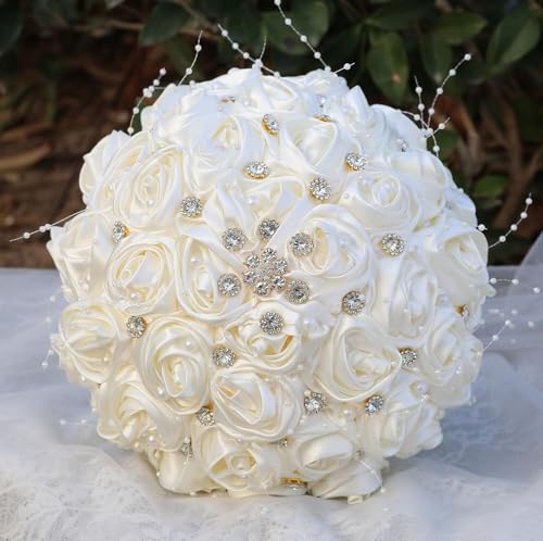 Ujicde Romantic Wedding Bouquet Bridal Bridesmaid Round Bling Brooch Bouquet Throw Toss Artificial Rose Flower Bunch with Sparkle Rhinestone Crystal Decoration(Ivory,Dia. 6.3"*16cm) - color: Ivory, size: Dia. 6.3"*16cm