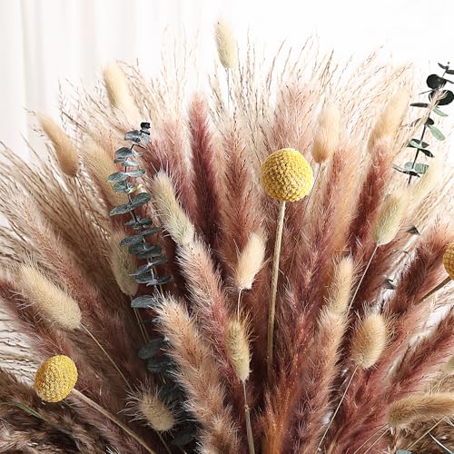 Bohemian Golden Wheat & Pampas Grass Bouquet – Warm Earthy Dried Floral Arrangement with Yellow Accents in Woven Vase (Mocha Tones) - color: Mocha Tones