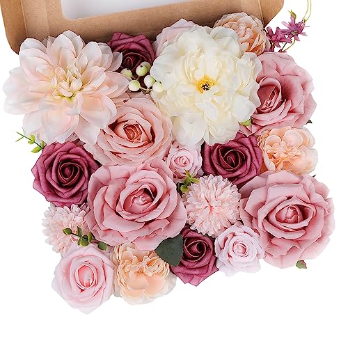 Rose Artificial Flowers Combo Fake Flowers Pink Roses Silk Flowers with Stems for Valentine's Day DIY Wedding Bouquets Centerpieces Arrangements Table Party Baby Shower Home Decor (Champagne Pink) - color: Champagne Pink
