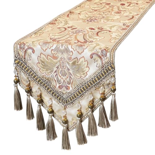 kilofly Elegant Floral Brocade Jacquard Table Runner Tassels (96 x 12 inches) - color: Khaki, size: 96*12 inch