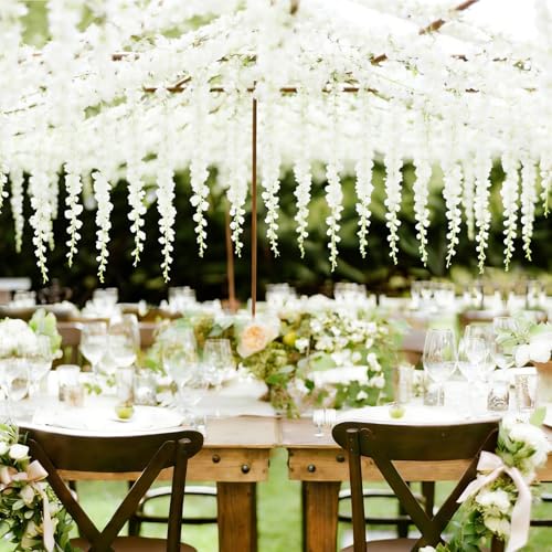 LFF 36 Branches White Wisteria Hanging Flowers, 3.25FT Fake Silk Wisteria Artificial Flowers, Faux Wisteria Garland for Wedding Arch, Party Backdrop, Home & Party Decoration (39 Inches Long) - size: Short/12Pack