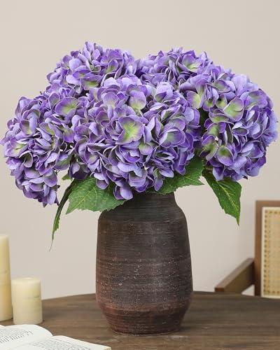 5pcs Purple Hydrangea Artificial Flowers Real Touch Latex Large Fake Hydrangeas 21in Lifelike Full Dried Faux Hydrangeas Flowers for Home Decor Wedding Party Arrangements - color: Purple, size: 5Pcs