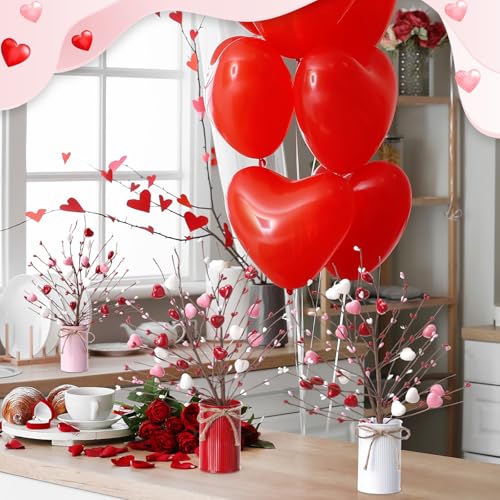 Zeyune 3 Sets Mother's Day Heart Berry Table Centerpiece, 6 Artificial Heart Berry Stems Picks with Metal Vase Pot, Fake Flower Arrangement for Wedding Reception, Mother's Day Decor - color: 3 Colors, size: Heart