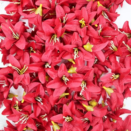 20 Pcs Artificial Lily Flower Head, Red | Fake Flowers Heads, Simulation Small Lily, DIY Handmade, Wedding Photography Party Home Decoration - color: Red