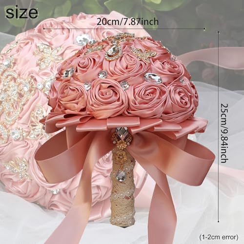 Artificial Everlasting Flower Hand Bouquet for Weddings and Photo Shoots, Crystal Peplum, Pink Rose Satin, Pearl Embellishments, Ribbon to Match, No Watering (Pink) - color: Expensivepink