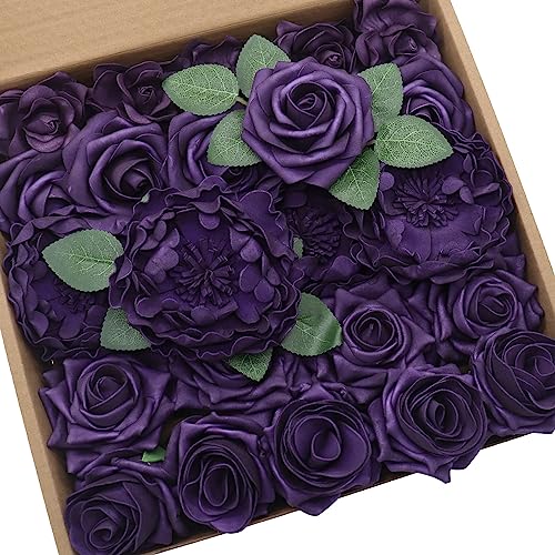 Artificial Flowers Combo Deep Purple Mixed Flowers with Stem for DIY Wedding Bouquets Centerpieces Baby Shower Party Home Decorations - color: Classic Deep Purple
