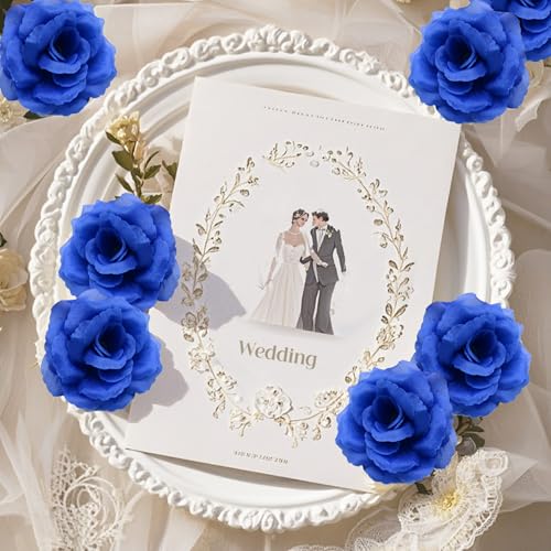 Rose Artificial Flowers, 50Pcs Blue Roses Head Flowers Bulk with Stem, 3 Inches Silk Rose Fake Flower Head for Wedding Party Home Decor DIY Baby Shower Centerpieces Tables Decoration(Dark Blue) - color: Dark Blue