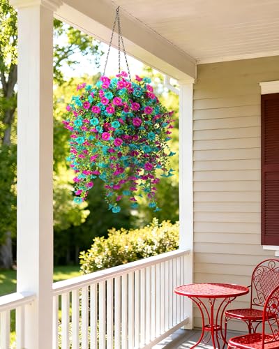2 Pack Artificial Hanging Flowers Basket Set, Cascading Morning Glory | Artificial hanging flowers for porch,Patio,Garden,outdoor decorations,24 stems, 10in baskets and no watering - color: 2 Pack Baskets/Teal+purple