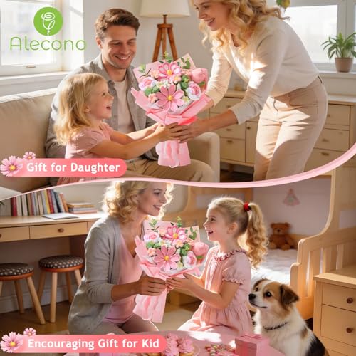 Alecono Crochet Flower Bouquet, Pink Handmade Knitted Flowers, Crochet Tulips Galsang Flower for Mother's Day Anniversary Birthday Graduation Lover Valentines Day Gifts (with Card) - color: Pink, size: Large