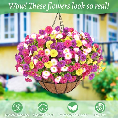 Elyum 2 Pack Artificial Hanging Flowers for Outdoors, Fake Flowers Artificial Petunias Hanging Baskets for Outdoors, UV Resistant Fake Hanging Plants Flowers for Outside Garden Patio Porch Decor - color: Mixed Colors 1, size: 2 Pack