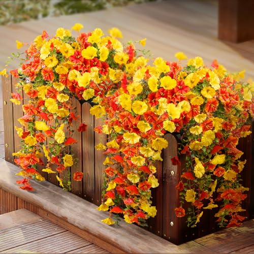 Artificial Flowers for Outdoors Fall Hanging, 4-pack Artificial Morning Glory includes 180 Flowers, Uv-Resistant Faux Silk Fake Realistic Plants for Home Garden Porch Patio Balcony Planter Yard - color: Orange