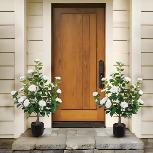 Hananona 2 Pcs Artificial Camellia Trees Faux Camellia Plant in Pot with Flowers Indoor Plants for Spring Home Decor Outdoor Porch Front Door Decor (White, M) - color: White