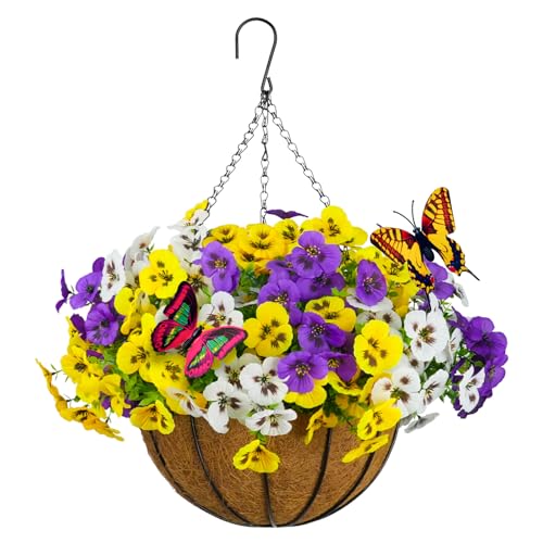 SupBri Artificial Pansies Hanging Flowers with Basket & 2 Fake Butterflies, Silk Flowers for Outdoor Spring Summer Decor, UV Resistant Hanging Plants for Garden Porch Patio (1 Set - color: Hanging Set (Yellow/Purple/White )