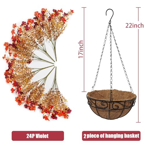 2 Pack Fall Artificial Hanging Flowers Baskets for Outdoors, UV Resistant Fake Fall Hanging Plants, Faux Orange Flowers for Autumn Patio Front Porch Balcony Decor (Orange Red) - color: Orange Red