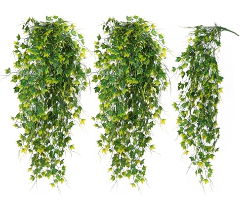 RECUTMS 3Pcs Artificial Hanging Plants Fake Vines for Outdoor Faux Greenery | 31.5'',UV Resistant Trailing Greenery,Fake Yellow Leaves,Faux Ivy Vine for Home Outside Garden Porch Home Office Decor - color: Yellow, size: Hanging Ivy