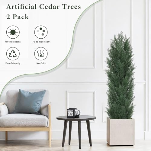 THE BLOOM TIMES 5ft Topiary Trees Artificial Outdoor Set of 2, UV Resistant Faux Cedar Pine Cypress Bushes & Shrubs, Fake Plants for Front Porch Outside Planter Patio Decor 5 Foot Tall - color: Dark Green Cedar Trees, size: 5 Foot