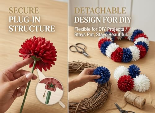Mandy's 12pcs Artificial Red White Blue Chrysanthemum | 11.8 inch Artificial Mums Flowers for Home Table Centerpiece Summer Decor Silk Flowers for Porch Patio and Wedding - color: Red White Blue