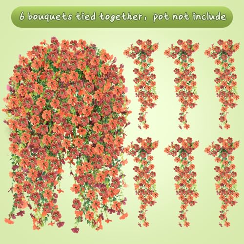 Artificial Hanging Flowers for Outdoors, 6PCS Faux Silk Artificial Flowers for Outdoors, UV Resistant Fake Flowers, No Fade Trailing Greenery, Decor for Home Porch Patio Balcony Garden Yard - color: Orange Brown