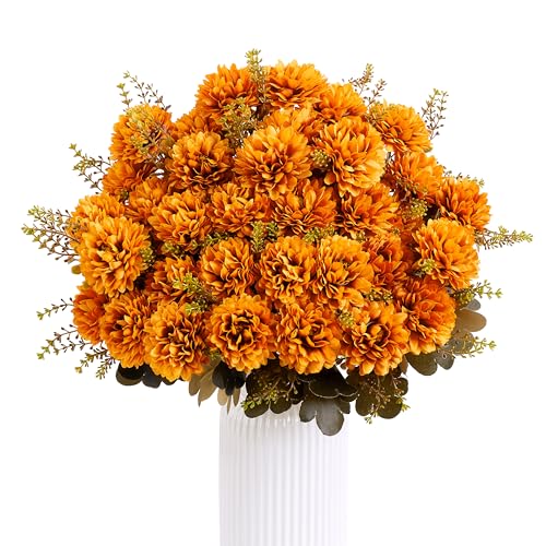 18 Heads Artificial Chrysanthemum Flowers Fake Mums Orange Ball Flowers Bouquet Silk Chrysanthemums Bouquet for Home Indoor Outdoor Table Centerpiece Vase Pots Wedding Decoration, 2 Pcs - color: Orange Chrysanthemum