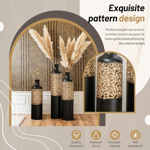 Floor Vases, Tall Home Decor Metal Vase Set of 3 Large Glazed Decorative Vases for Wedding Decor, Elegant Modern Flower Holder for Living Room, Entryway, Hallway - color: Leaf Cluster Black Gold