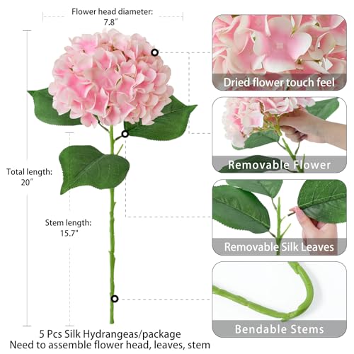 ZYTUYO 5 Pcs Pink/White Silk Hydrangeas Aritificial Flower Boho 20'' Faux Hydrangeas for Spring Indoor Home Decor Kitchen Living Room Baby Shower Outdoor Wedding Table Centerpiece - color: Pink/White