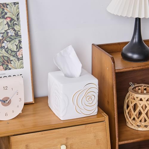 White Ceramic Cube Tissue Box Cover with Gold Rose – Large Elegant Rose Floral Square Decorative Tissue Box Holder for Bathroom, Bedroom, Office Desk, Kitchen Counter – Perfect Housewarming Gift - color: White&gold