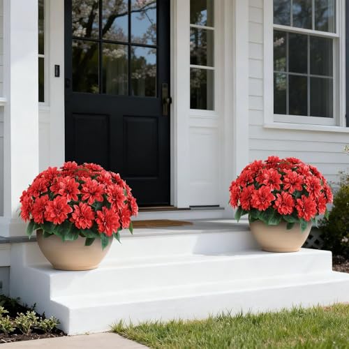 2 Set of Artificial Dahlia Topiary Ball Trees - Fake Silk Dahlia Flower Bushes, UV Resistant Faux Floral Shrub Potted for Front Door Porch Farmhouse Wedding Outdoor Decor (Red) - color: Red