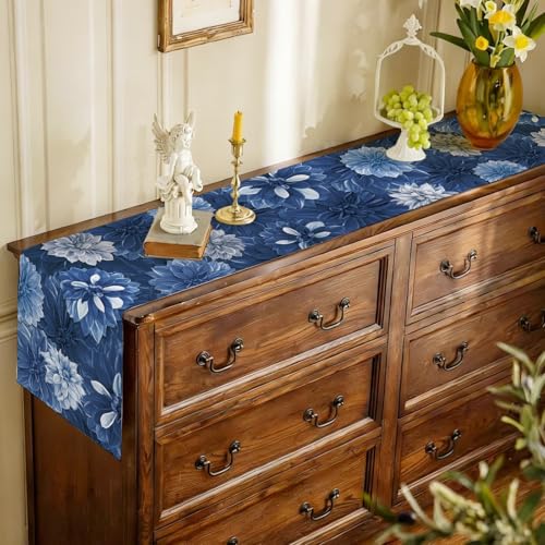 Navy Blue Dahlia Flower Summer Table Runner Blue Gray Burlap Table Runners, Spring Elegant Floral Seasonal Coffee Table Center Decor for Home Kitchen Dining Party Indoor Outdoor 13x72 Inch - color: Navy Blue, size: 13" x 72", Table Runner