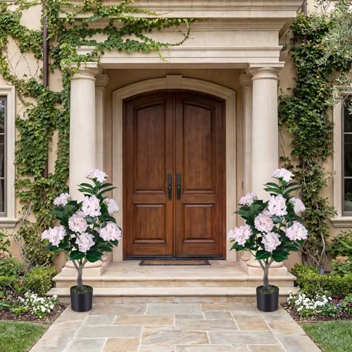 Goplus Artificial Hydrangea Tree, 2 Pack Fake Floral Plant w/11 White Flowers & Realistic Trunk in Plastic Nursery Pot, Indoor Silk Flower Tree for Home Office Living Room Housewarming Gift (Pink) - color: Pink