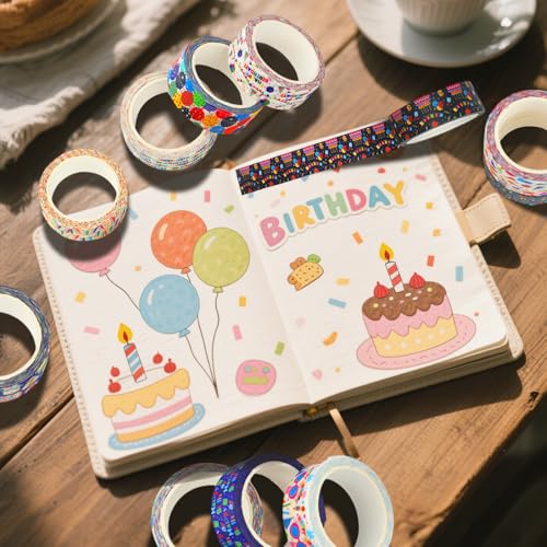 12 Rolls Happy Birthday Washi Tape, Colorful Cake Candles Masking Tapes, Balloons Birthday Hat Decorative Washi Tape for Birthday Party Gift Wrapping Scrapbooking DIY Art Crafts 16.4FT - color: U