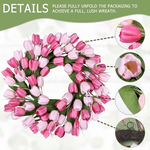 24 Inch Tulip Summer Wreath for Front Door Spring Silk Wreath with Green Leaves Artificial Tulip Flower Wreaths for All Seasons Farmhouse Porch Wall Living Room Home Widding Decor-Red - color: Red