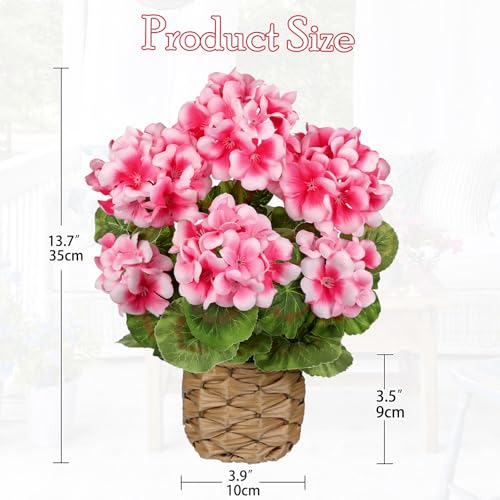 Briful Artificial Geraniums Flowers Potted Plant - 13.7'' Tall Faux Pink Silk Realistic Lush Geraniums Flowers in Basket, Indoor&Outdoor Decorative Plant, Farmhouse Home Porch Office Patio Table - color: Pink, Basket