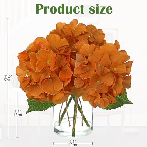 Hydrangea Artificial Flowers with Glass Vase, Orange Real Touch Silk Hydrangea Arrangement with Faux Water, Small Faux Floral Centerpiece for Home Decor, Wedding, Bathroom, Shelf, Coffee Table - color: Orange-hydrangea