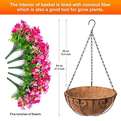 Ammyoo Artificial Hanging Flowers in Basket for Patio Garden Porch Deck Spring Summer Decoration, Artificial Daisy Arrangement,Fake Plants in 12 inch Coconut Lining Basket for Outdoor/Indoor(Pink) - color: Pink