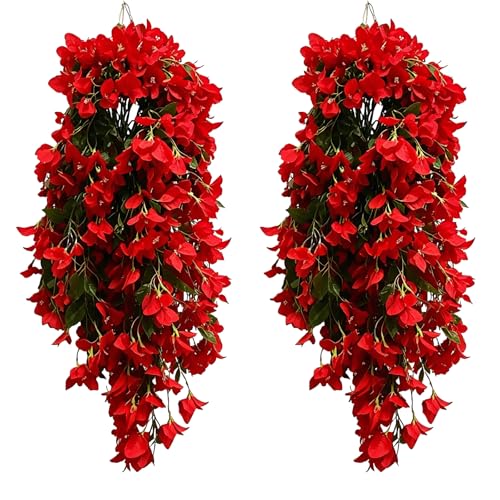 4 Pack Artificial Bougainvillea Hanging Flowers UV Resistant Long Trailing Silk Vines, Realistic Fake Plants for Outdoor Porch, Patio, Balcony, Yard & Planter Decor（Red） - color: 4pack