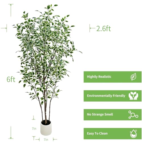 6ft Artificial Ficus Tree with White Plastic Planter | Foliage: Designed with natural green and white variegated leaves for lifelike indoor landscape decoration - color: White, size: 6ft