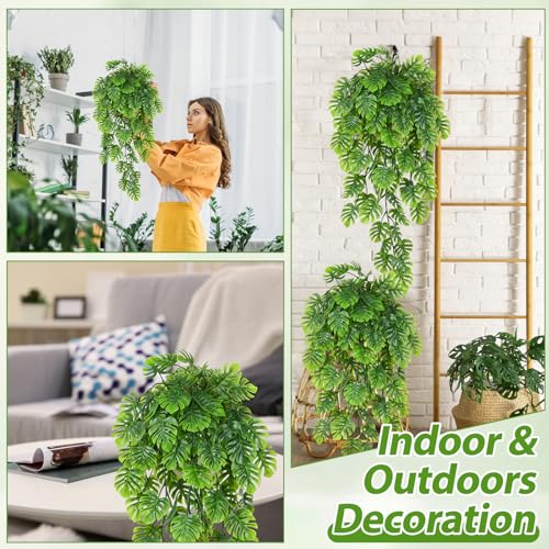 Daifunli 8 Pcs Artificial Hanging Plants Fake Hanging Ferns Plastic Fake Plant for Wall Room Garden Garland Indoor Outdoor Decor No Basket (Monstera Vines) - style: Monstera Vines