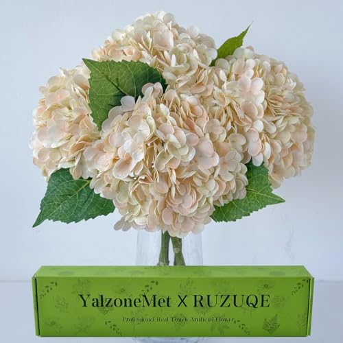 YalzoneMet 4Pcs Champagne Pink Hydrangea Artificial Flower Natural Lifelike Real Touch 21'' Long Stem Hydrangea Latex Flower Bouquets for Home Party Outdoor Wedding Table Centerpiece Spring Decor - color: Champagne Pink