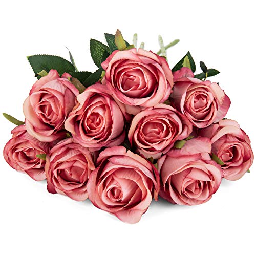 10pcs Artificial Rose Flowers Long Stem Fake Silk Roses for DIY Wedding Bouquet Table Centerpiece Home Decor (Rose Red) - color: Rose Red