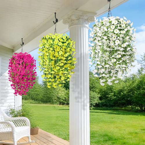 Artificial Hanging Flowers for Outdoors, 2PCS 300 Blooms UV Resistant Morning Glory Vine Fake Flowers with Eucalyptus, Realistic Silk Faux Hanging Plants Decor for Outside (Rose Red and Purple) - color: Rose Red and Purple, size: 2PCS