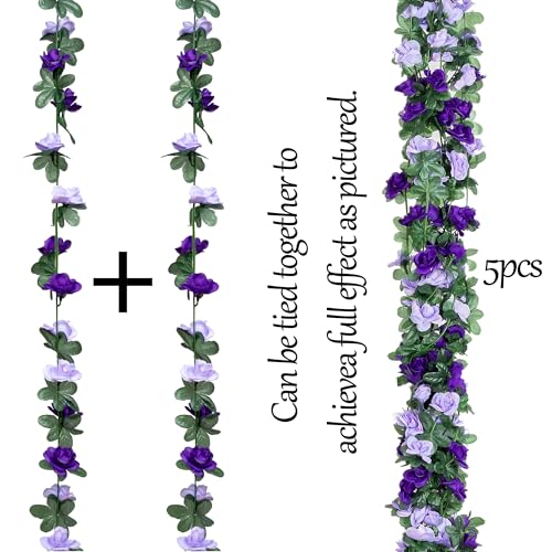 BSMYBO 5Pcs 82 FT Artificial Purple Rose Flower Garland, Faux Silk Rose Garland, Purple Party Decorations, Lavender Flower Hanging Flower Vines for Backdrop Decoration Tea Party Wedding Birthday - color: Purple, size: 5pcs