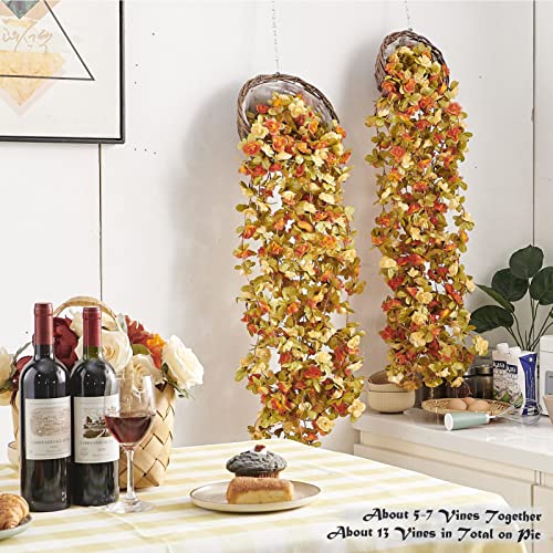 PONKING 8 Pcs x 8.2 ft Flower Garland Artificial Rose Vine Flowers with Green Leaves Hanging Fake Roses Vine for Room Party Home Wedding Birthday Christmas Wall Arch Decor, Fall Champagne Flower - color: Fall-champagne-8pcs, size: 8 Vines 66FT