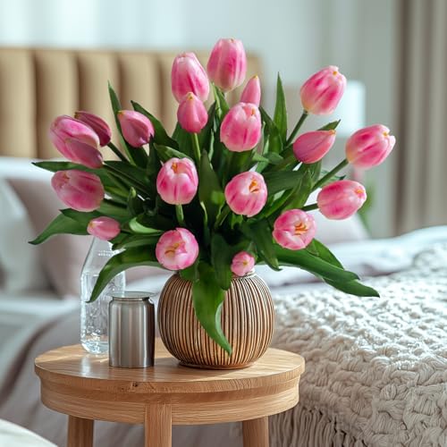 Bailikang 20PCS Fake Tulips 12' Artificial Tulip Silk Flowers Fake PU Bouquet Artificial Flowers Faux Flowers with Gift Box Soft Faux Tulips Bouquets Arrangements for Party Wedding Home - color: Pink