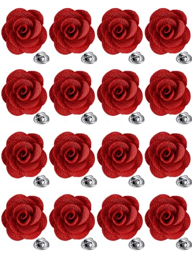 16 Pcs Lapel Flowers for Men Suits Flower Lapel Pins for Men Brooch Pins Handmade Satin Boutonniere - color: Red, size: Elegant
