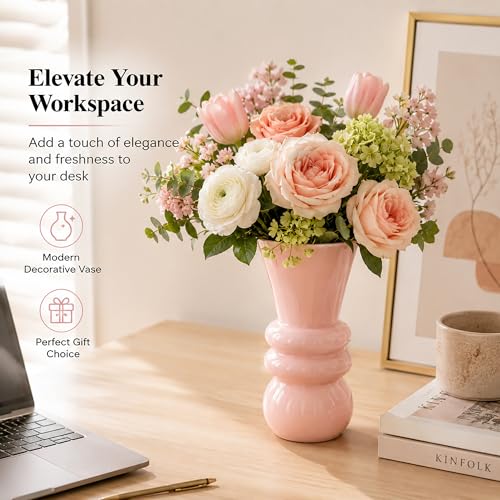 Pink Glass Vase for Flowers, Modern Decorative Flower Vase, Table Centerpiece for Dining Room, Living Room, Office Desk and Home Decor, Floral Arrangement Vase, 9.84 Inch - color: Transparent