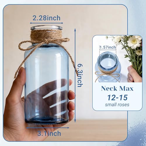 Glass Flower Vases for Centerpieces Boho Cylinder Bud Vases in Bulk Mason Jars for Weddings, Parties & Vintage Home Farmhouse (6, Blue) - color: Blue